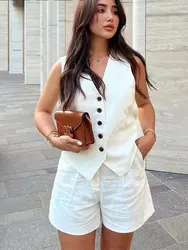HH Summer Vests Shorts Suit For Women Casual V Neck Single Breasted Vest Top High Waist Pant Fashion Streetwear White Outfit