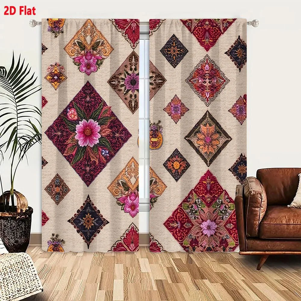 2Pcs Curtains 2D Flat Intricate Quilt Textile Pattern With Geometric Diamond Shapes Featuring Floral Motifs And Ornate Artwork I