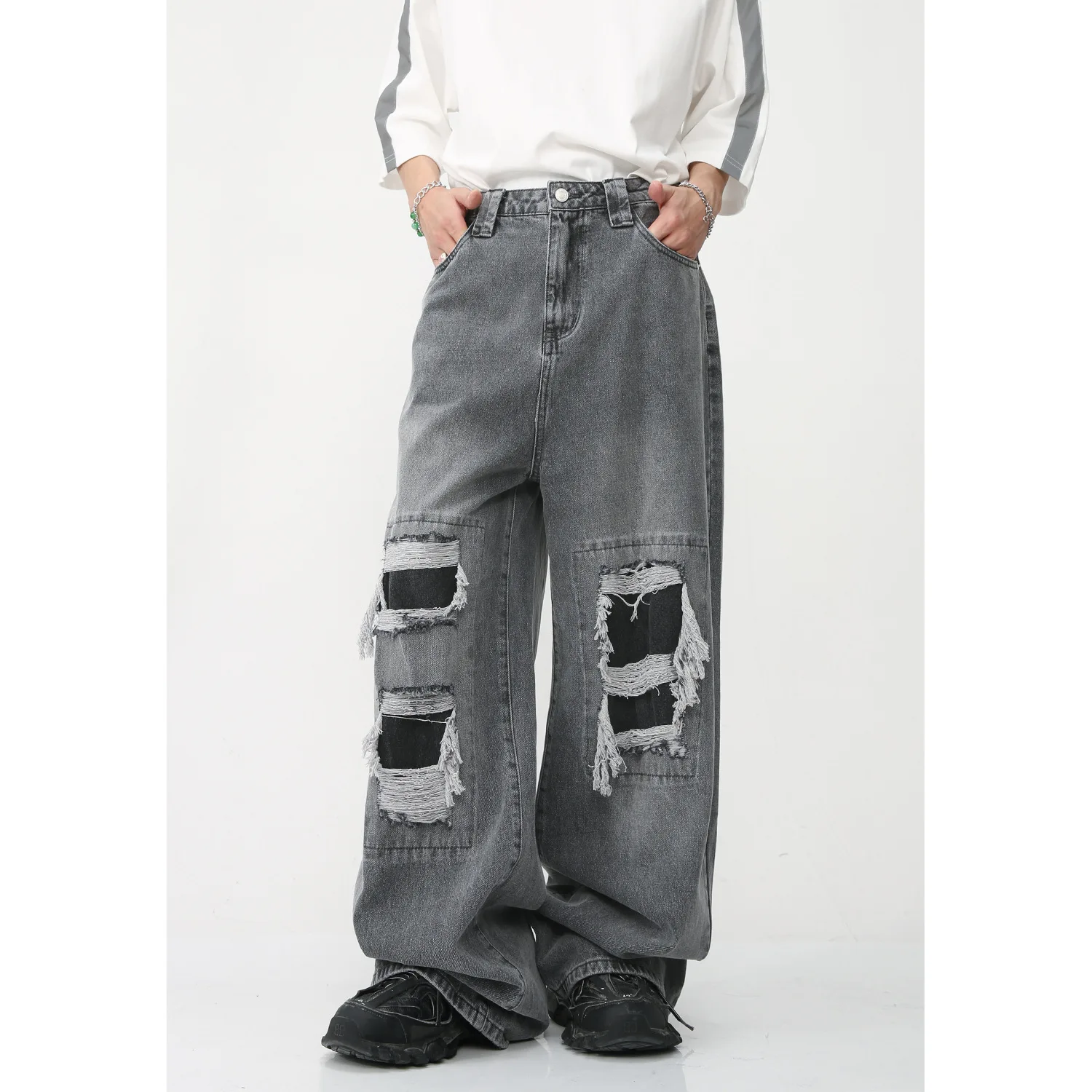 

Firmranch Baggy Wide-leg Floor-length Streetwear Ripped Jeans Patches Black Gray Oversized Boy Friend Denim Pants All Seasons