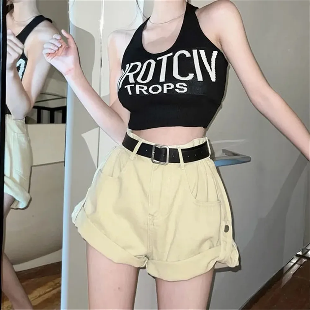 

Women Vintage Summer Rolled Denim Shorts With Belt Zipper Pockets Female Retro Casual Wide Leg Jeans Shorts Black Pantalones