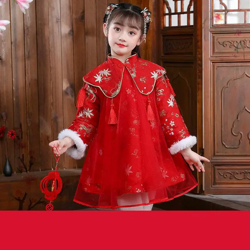 Autunm Winter Girls Perform New Year Dress Kids Cotton Qipao Tang Suit Children Chinese Lovely Cotton-padded Clothes Cheongsam