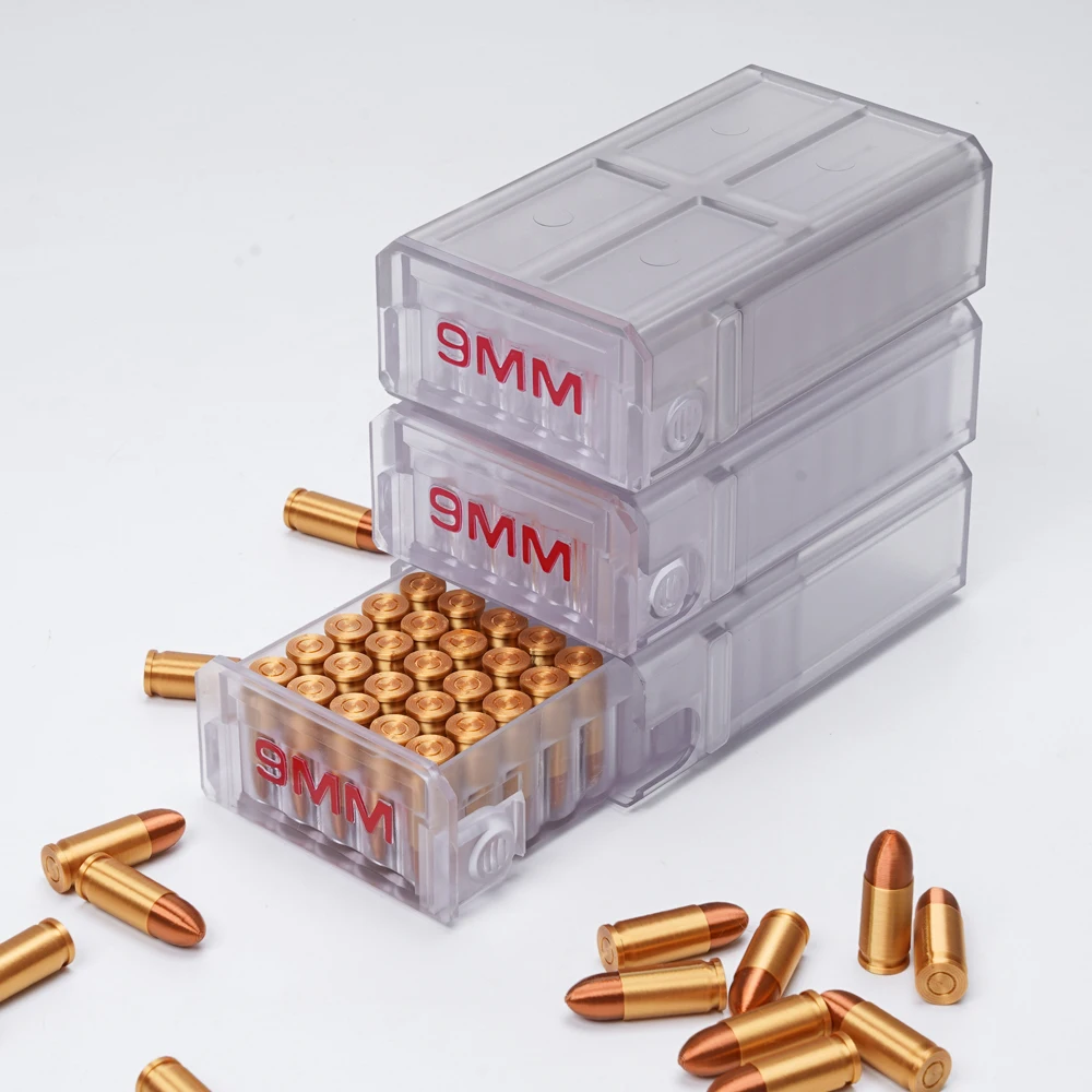 Translucent 9mm pull-out ammo storage box; desktop bullet organizer box; high-strength pressure-resistant plastic material; 50ro
