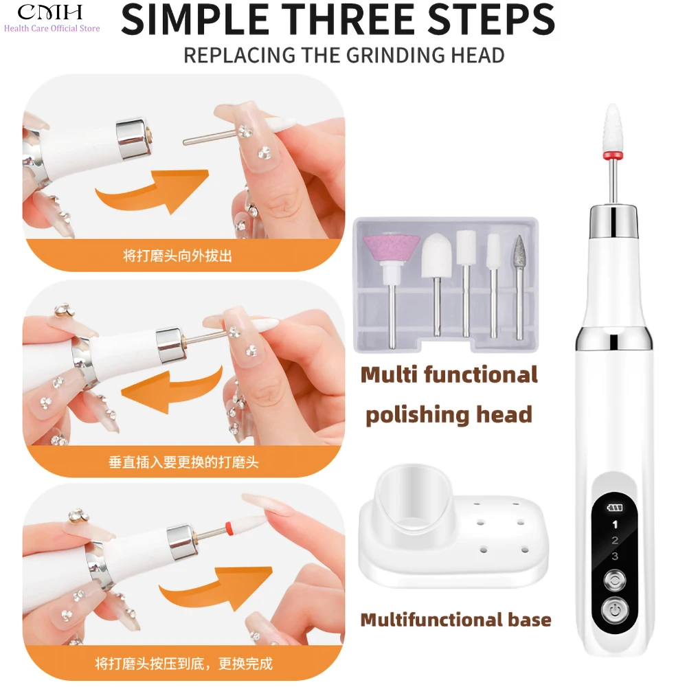 مثقاب أظافر كهربائي عالي السرعة 3 سرعات ثنائي الاتجاه منخفض الحرارة هادئ 6 رؤوس طحن أداة مانيكير محمولة للاستخدام المنزلي في الصالونات