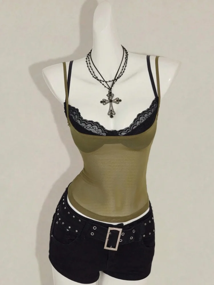 Summer Women's Y2K Hot Girl sexy Top Square Collar Transparent Mesh Thin Shoulder Strap Sleeveless Layered Top