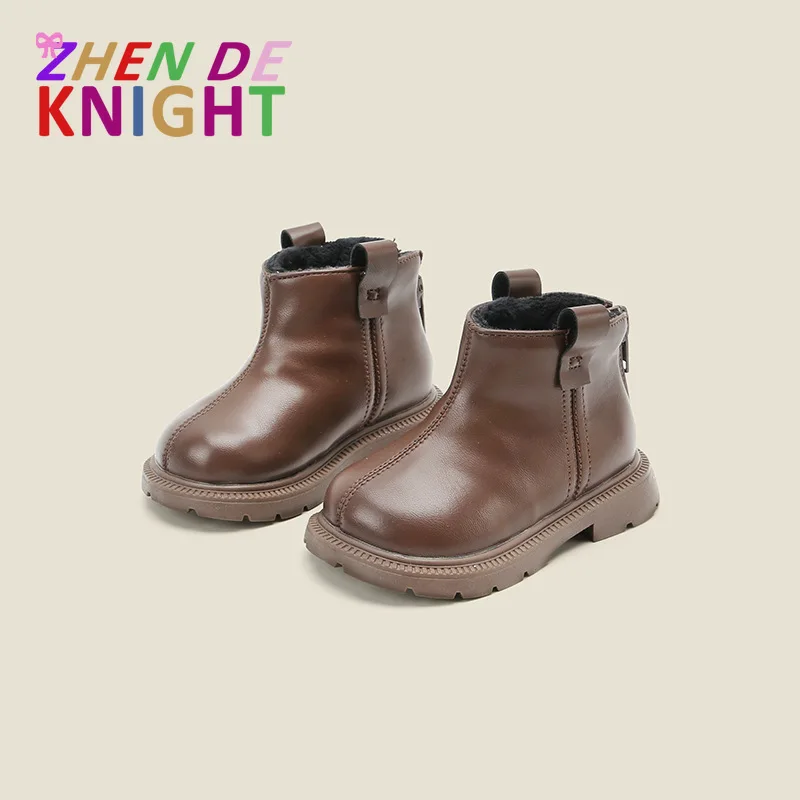 

Baby Boys First Walking Shoes Black British Style Zip Leather Boots Solid Color Autumn Winter Toddler Shoes