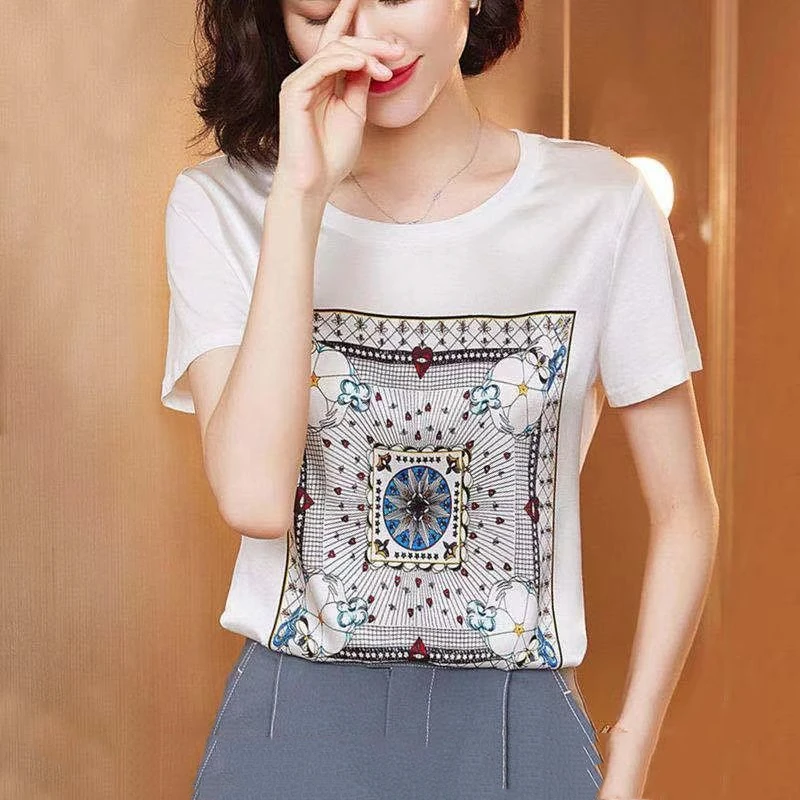 Fashion White Short Sleeve T-shirt for Women's New Summer Solid Loose Printing All-match Trend Tops Tees Elegant Vintage Clothes