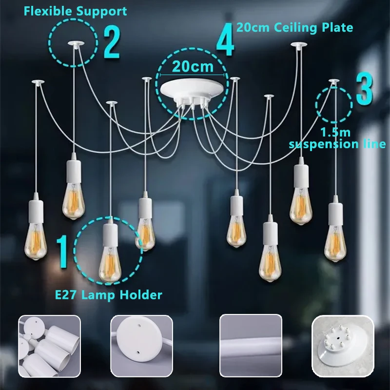 DIY Spider Chandelier 8 Heads E27 Pendant Light Retro Industrial Hanging Lamps for Home Living Room 150cm Ceiling Lamp Fixtures