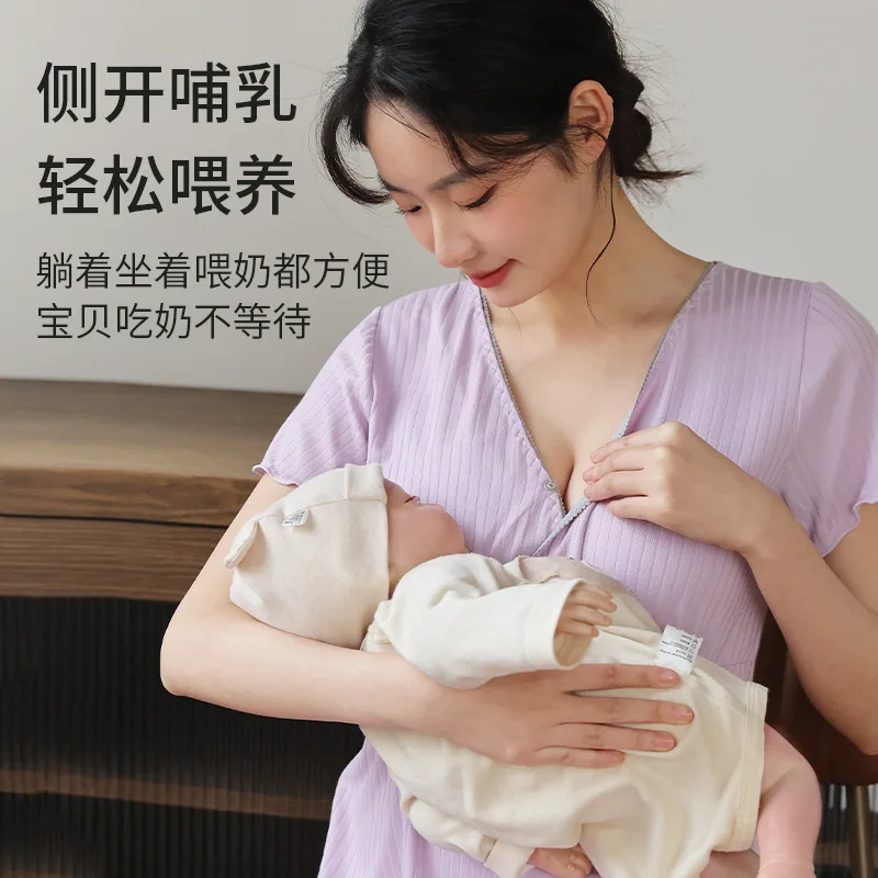 Modal Breastfeeding Nightgowns with Cheat Pad Summer Maternity Nursing Pajamas Hospital Loose Breast Feeding  Pregnancy Dress