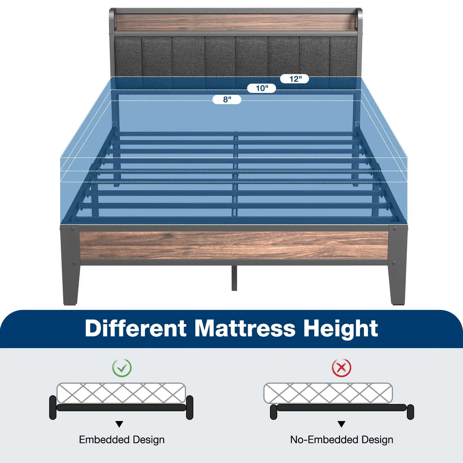 King size bed frame storage headboard with charging station sturdy and stable noise free bedroom bed Easy to Assemble