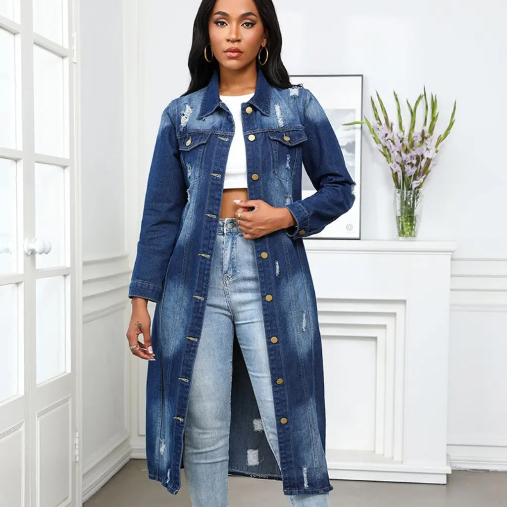 Women's Denim Trench Coat Long Hole Design Supply Real Shot Fashion Outerwear