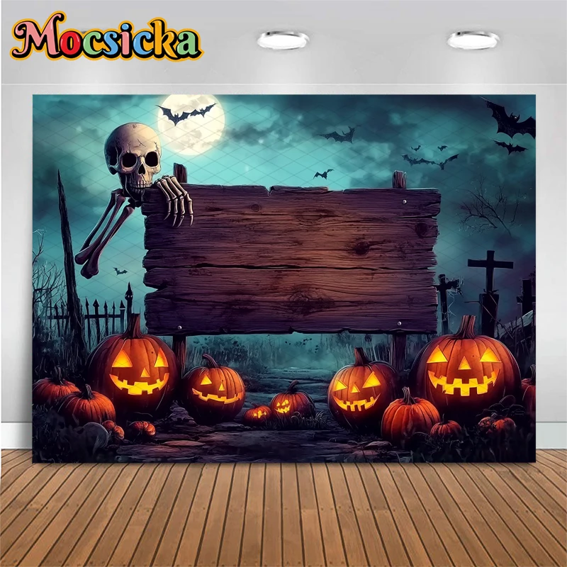 Mocsicka ハロウィン写真背景撮影プロップカスタマイズされた木板スケルトンジャックオーランタンパーティー装飾背景写真撮影