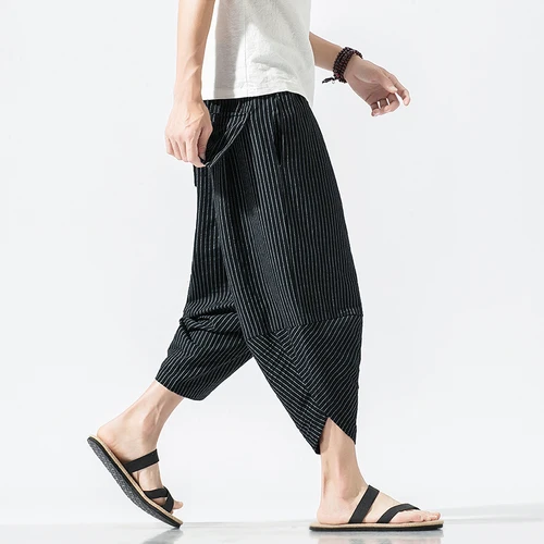 Imagen 2 del producto 2025 verano Harajuku hasta la pantorrilla pantalones casuales para hombres pierna ancha algodón lino estampado Harem pantalones holgados ropa de moda para hombres