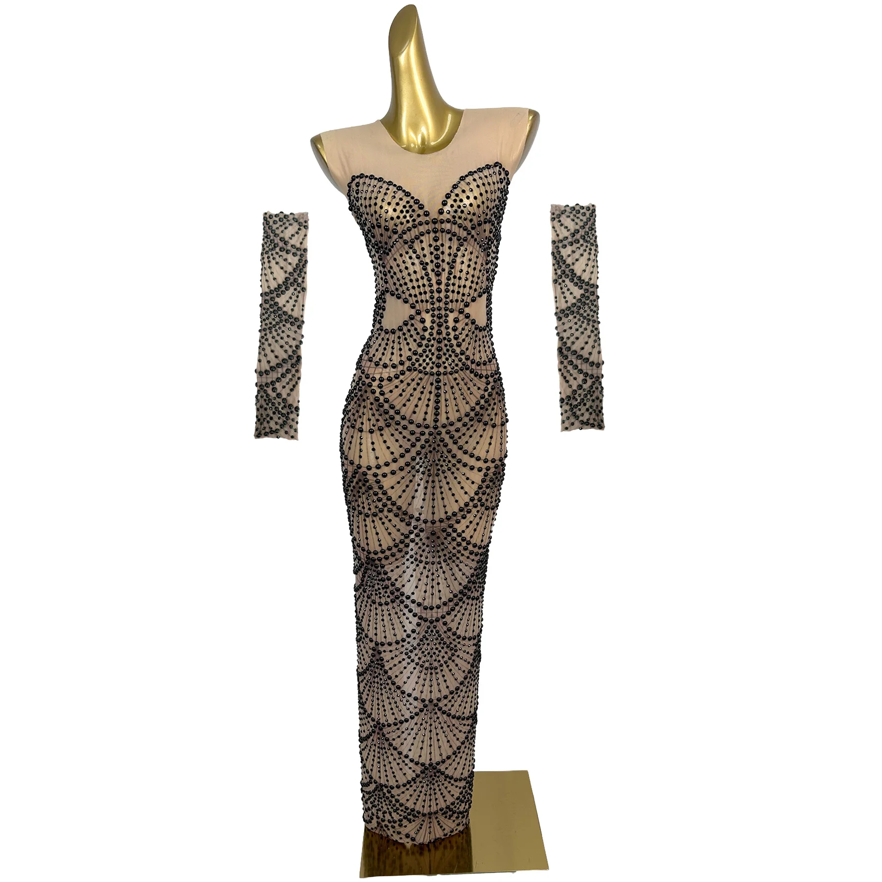 Shanxingzhenzhu Luxury Nude Mesh Black Beaded Bodycon Evening Gown With Matching Gloves For Women Cocktail Party