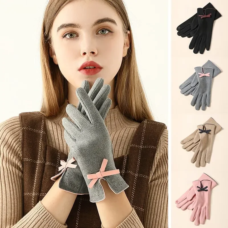 

Autumn and Winter Womens Full fingers Warm Driving Gloves Fashion Bow Decoration Outdoor Riding Gloves Touch Screen Gloves