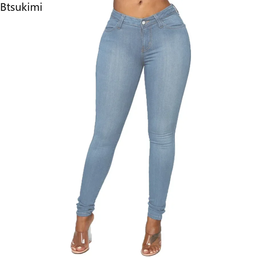 Calça Jeans Skinny de Alta Elástica Feminina, Jeans, Calças Lápis, Calças Stretch Slim, Botão, Cintura Média, Bodycon, Fino, Plus Size XS-6XL