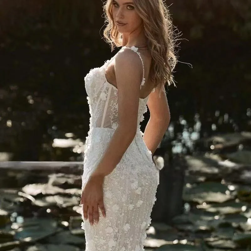 Robe de mariée personnalisée en dentelle, magnifique, bretelles Spaghetti, avec des Appliques romantiques de fleurs, robe de princesse sirène, 2025