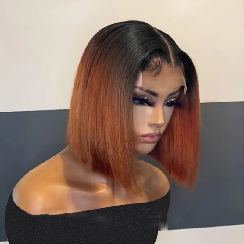 Bob Glueless Soft 180Density 16“ Ombre Orange Brown Straight Lace Front Wig For Women BabyHair Preplucked Heat Resistant Daily