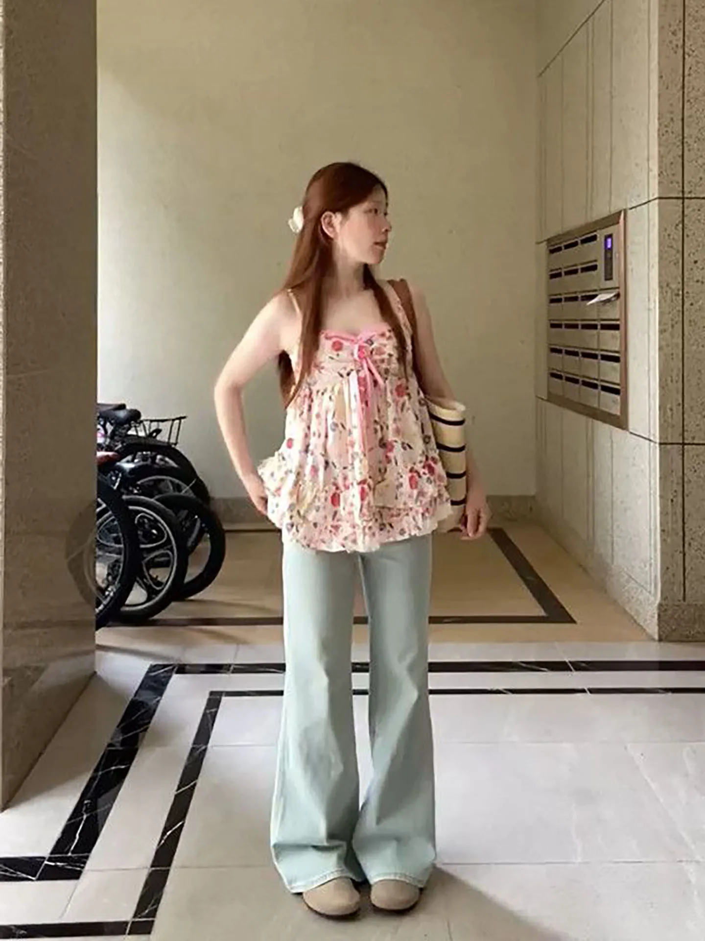 

Summer White Enhancing Floral Print off Shoulder Loose Vest Dress Women's School Style High Waist A-Line Skirt Casual Wear
