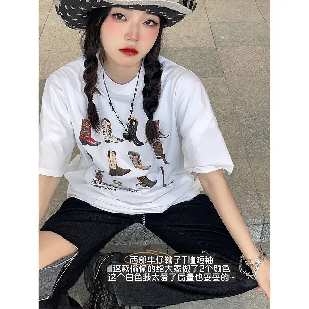 Tawaaiw American Retro 100% Cotton Print T Shirt Women Clothes Loose Korean Fashion Streetwear Graphic Tees Summer Tops Y2k