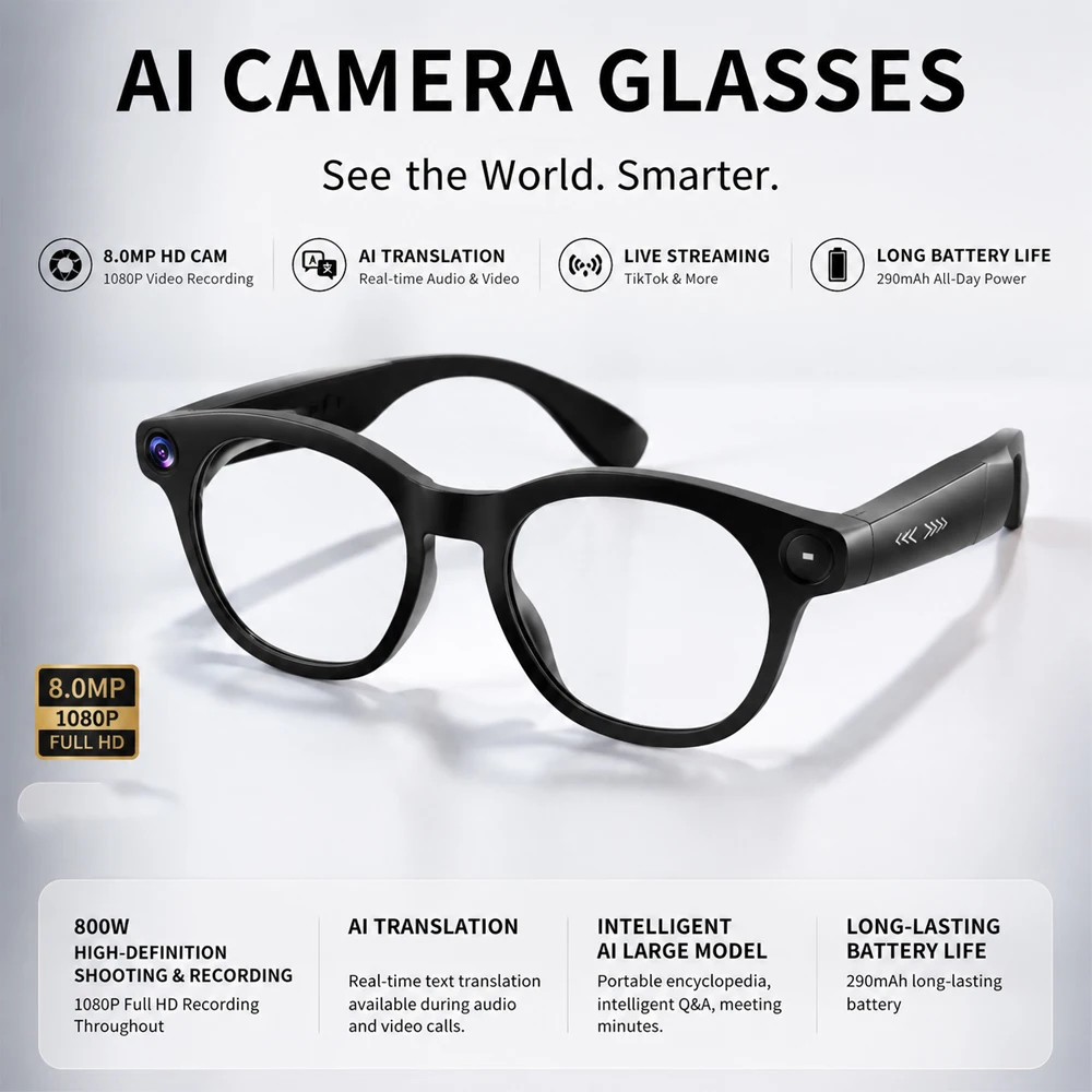 

New Fashionable Smart Glasses Support Audio and Video Calls 800W HD Camera 290mAh Battery AI Translation Smart Glasses Men Women