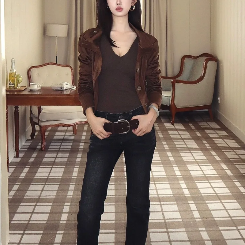 2025 خريف جديد نغمتين من جلد الغزال الإيطالي الملمس التخسيس سترة قصيرة أوائل الخريف معطف بأكمام طويلة نمط دراجة نارية #5