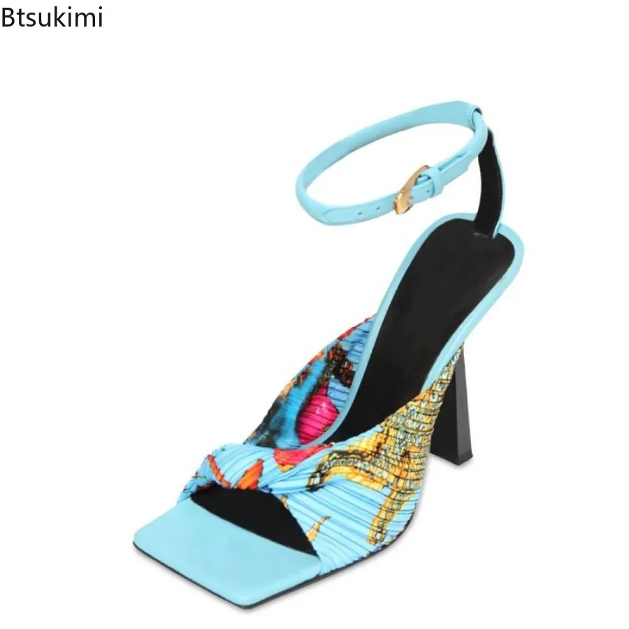 Sqaure Toe Summer Women's Gladiator Sandals Tropical Flower Print Thin Heels Buckle Strap Catwalk Shoes Sexy Runway High Heels