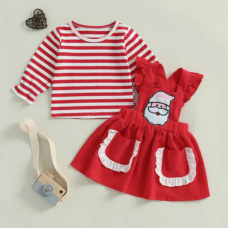 

Adorable Baby Girl Christmas Outfit with Reindeer Print Long Sleeve Tops and Red Suspender Skirt Set for Winter Holiday Festive