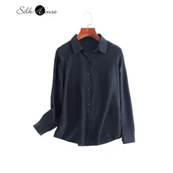 Black Solid Color OL Style Versatile 100% Natural Mulberry Silk Crepe De Chine Long Sleeved Lapel Women's Office Lady Shirt