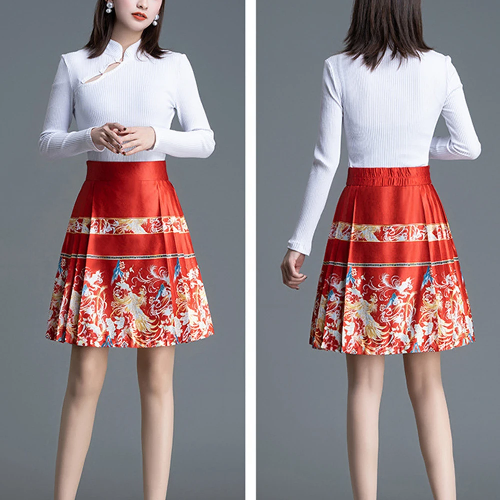 Women Skirt Women Dress Daily Holiday Half Skirt Hanfu High Waist Horse Face Skirt No Elasticity Printed Skirt