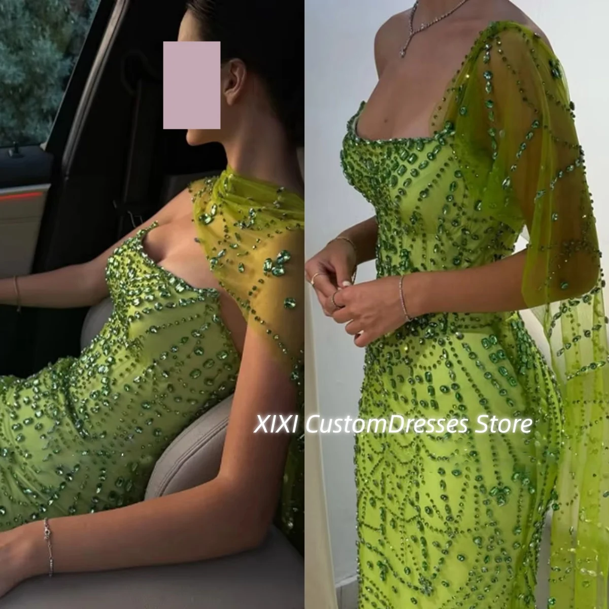 

Column Prom Dresses Square Neckline Customize Women'S Evening Dresses Floor-Length Beadings Formal Occasion Dresses Zipper Up