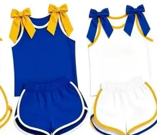 Hot Sale Boutique Kid's Tracksuit Sleeveless Top With Bow Detail Paired with Shorts Blue Yellow White Combination Print Custom