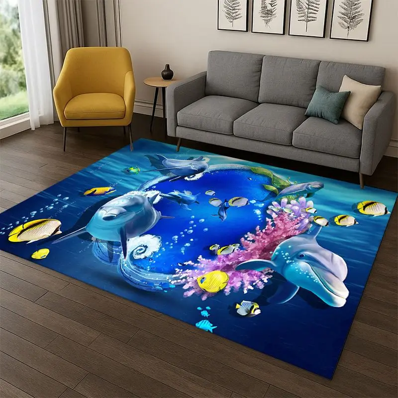 3D Illusion Underwater World Marine Life Shark Dolphin Cartoon Carpet Rug for Bedroom Living Room Sofa Doormat kids Non-slip