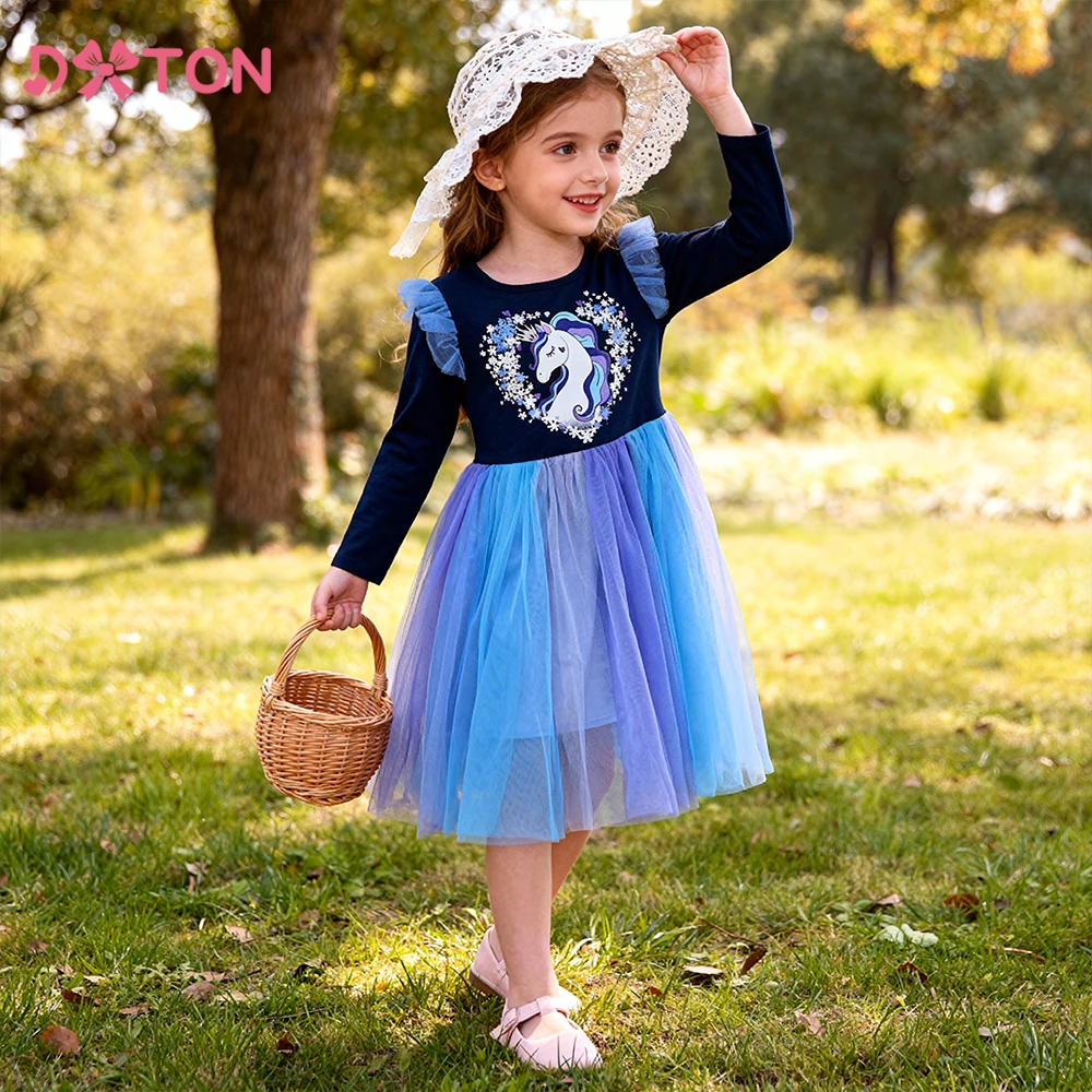 

DXTON Long Sleeves Kids Dresses For Girls Snowflake Winter Kids Clothes Gradient Tulle Party Princess Dress Heart Girls Clothing
