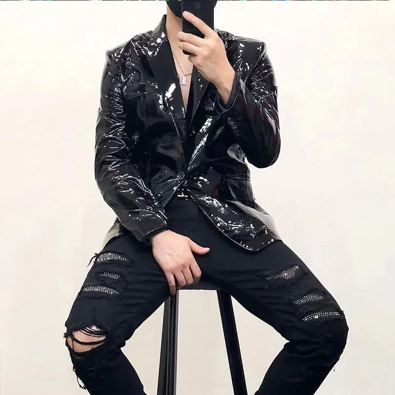 Shiny Faux Leather Men Elastic PVC Suits Jacket Male Chic Sexy Solid Color Business Top Blazer Men's Party Overcoat New Custom