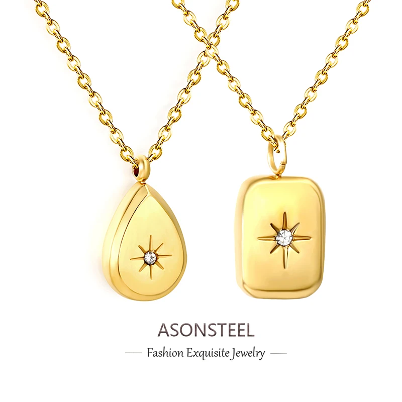 ASONSTEEL Elegante quadratische Halskette mit Wassertropfen- und achteckigem Stern-Anhänger für Damen, Halskette aus Edelstahl, polierter Modeschmuck