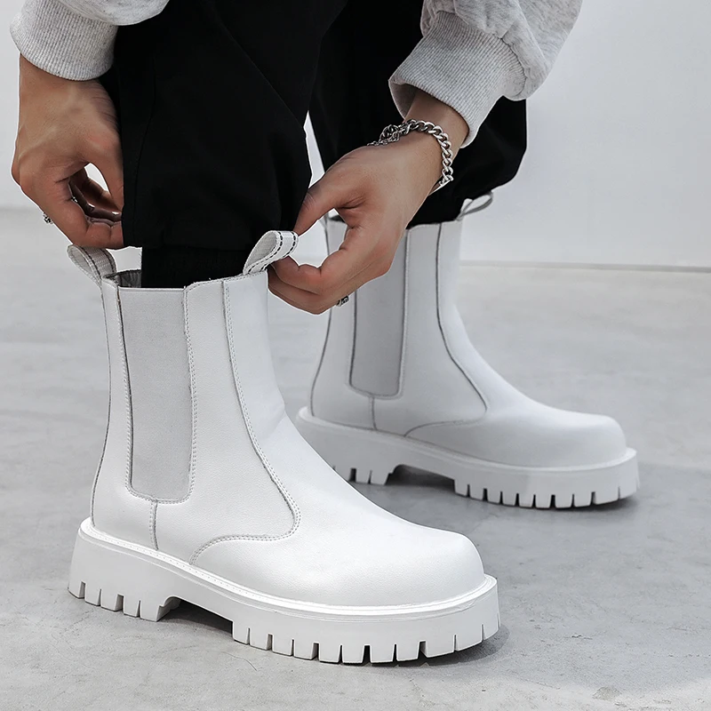 

Korean designer mens fashion platform boots black white genuine leather shoes trend handsome chelsea boot cowboy short botas man