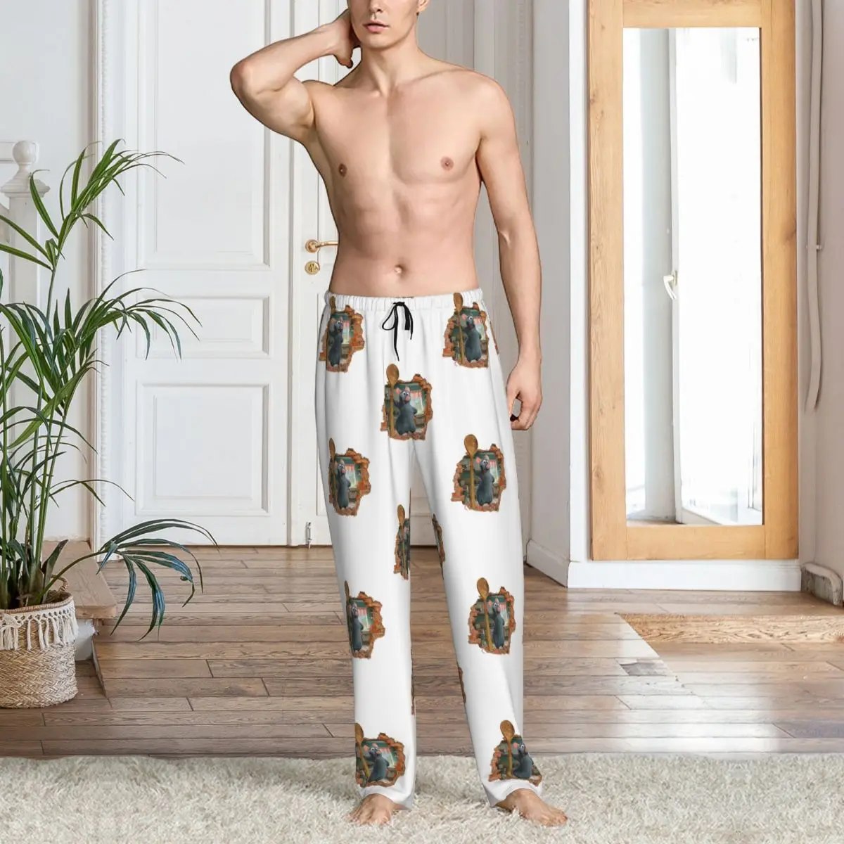 Calça de pijama masculina personalizada Ratatouille Remy Chef Cartoon Lounge Sleep com cordão e bolsos