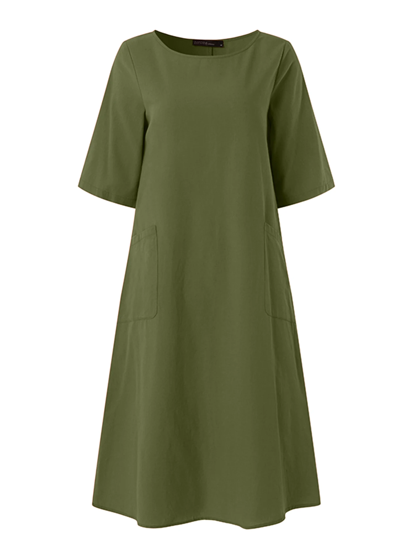 ZANZEA Autumn Cotton Linen T-Shirt Dress Women Casual O-Neck Half Sleeve Knee-Length Robes Femme Everyday Wear Solid Vestidos