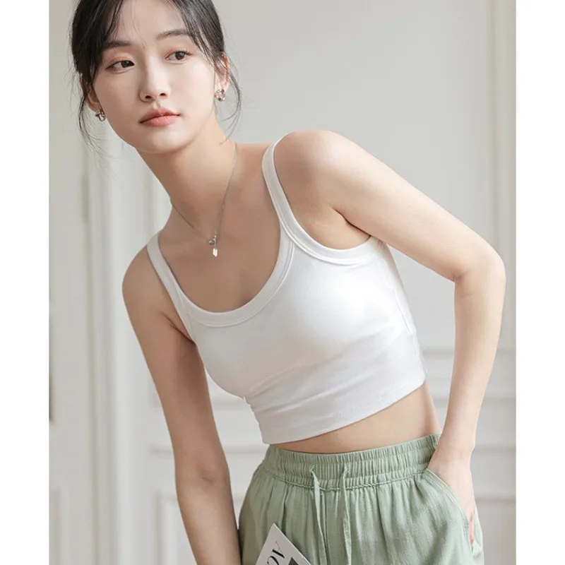Solid Color Ladies Strappy Cropped Tank Top Women's Tank Top Built-in Padded Cups Worn Alone Layered Skin-friendly Girl Vest Top