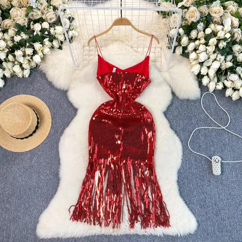 Sexy Sequin frędzle slip Dress Chic Vintage Evening Party Club Women Chic Slim Ceremonial Hip Wrap dresses — zdjęcie 5