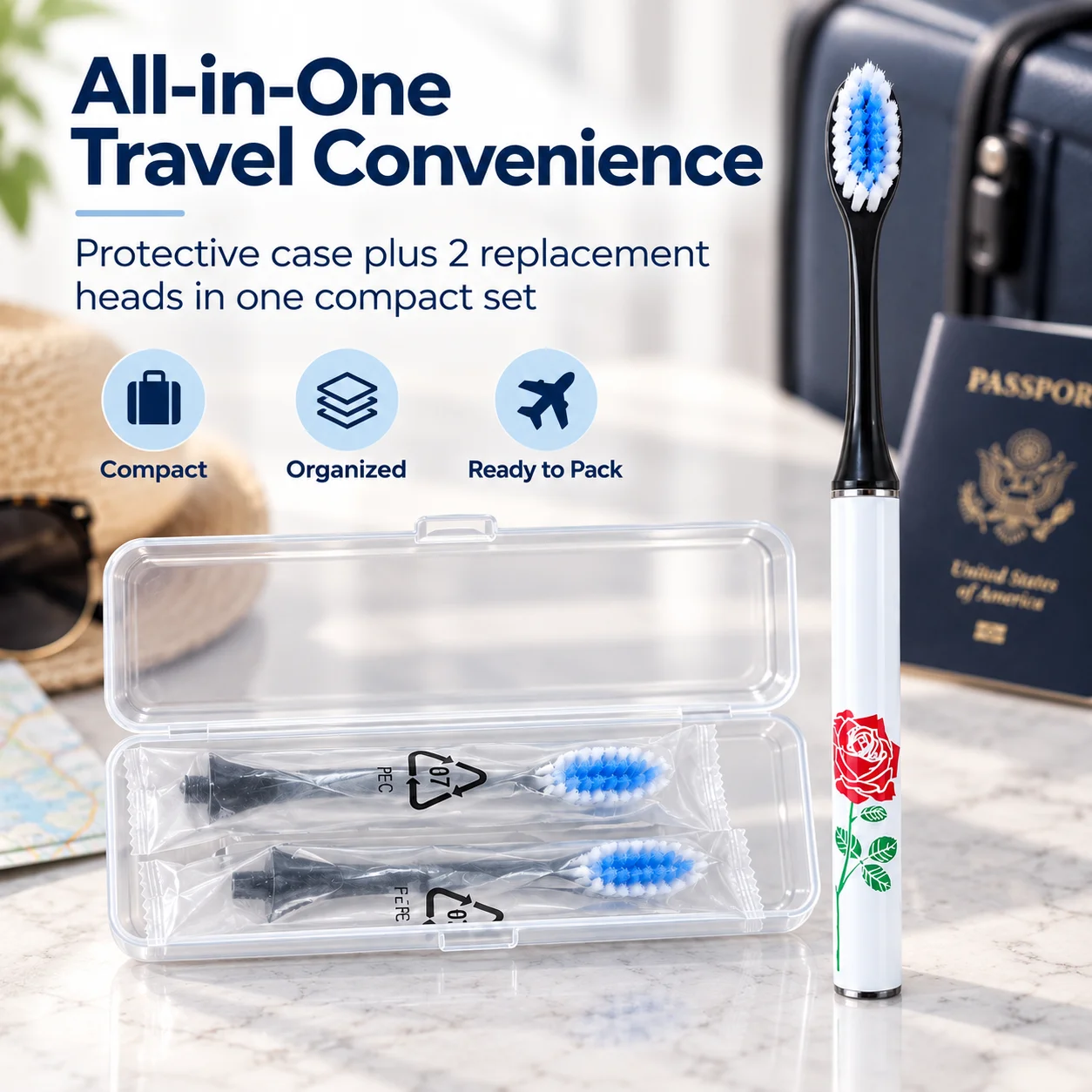 Travel Toothbrush Set with Case, Portable Manual Toothbrush with 2 Replacement Heads, Compact Oral Care Kit for Travel, Camping, Hotel & Home, Rose Floral Handle