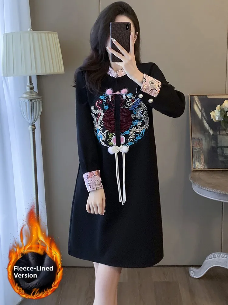 Elegant Chinese Style Fleece Lined Embroidered Dress Women's Fashion Slimming Winter New Arrival A-Line Skirt Commute Ready