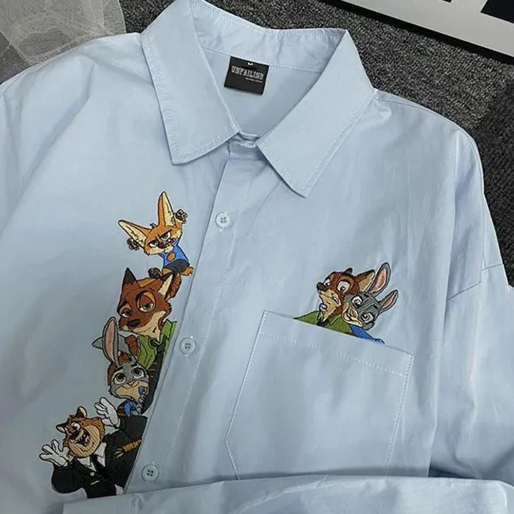 

Summer New Men's Cartoon Embroidered Long-Sleeved Shirt Y2k Retro Fashion Trend Casual Simple Loose Breathable Niche Men's Tops