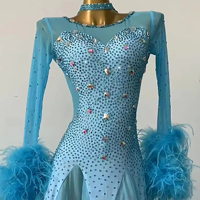 

Latin Dance Diamond Dress, High end Customized Fluffy Mesh, Modern Large Skirt, Tango Adult Stage Professional Clothing