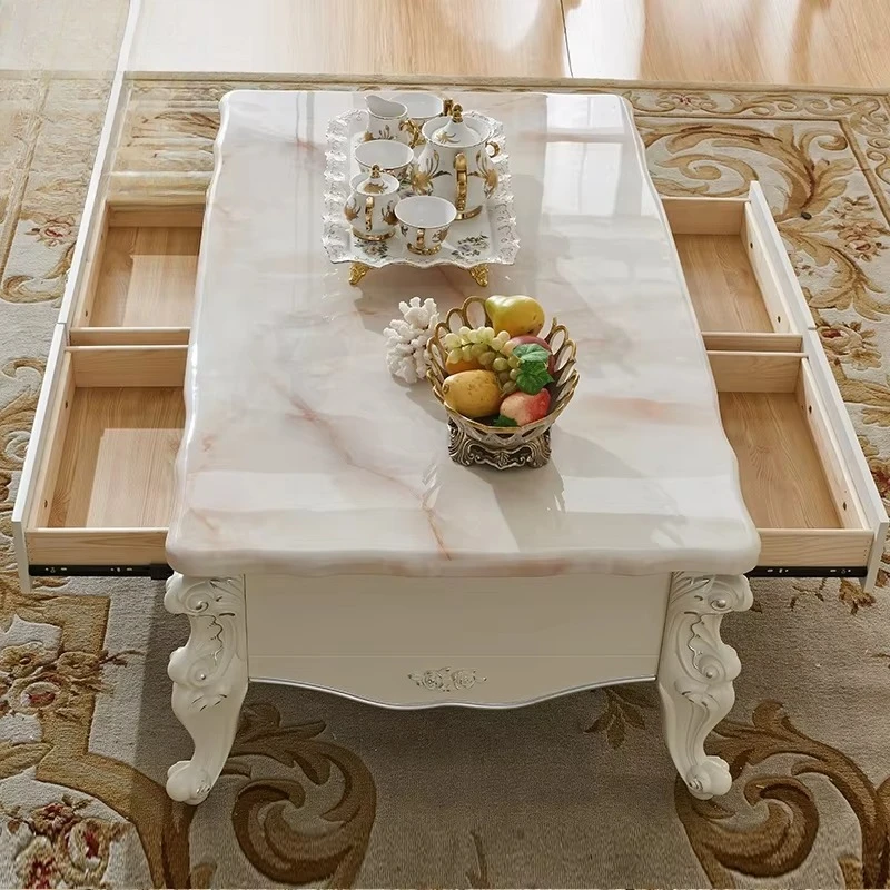 European Style Modern Coffee and Tea Table Set Simple Carved Long Table for Small Apartment Living Room Wood Panel Design