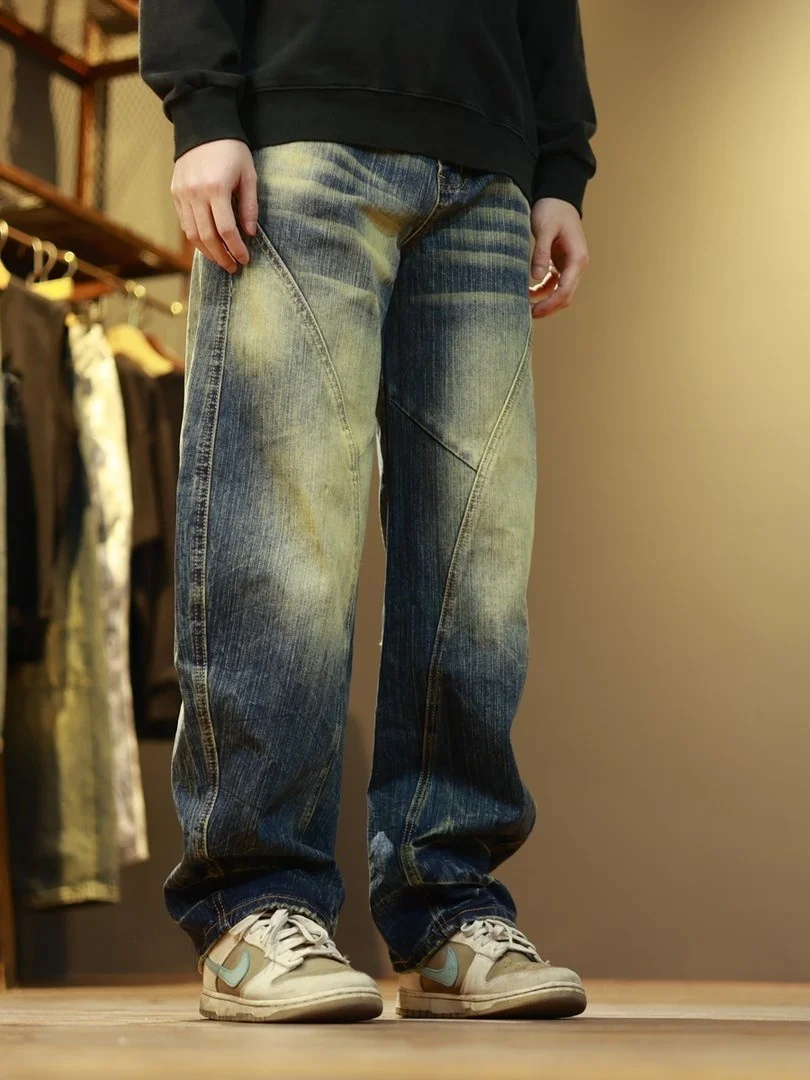 

Retro Waed Patchwork Men's Jeans Loose Straight Casual Trendy Long Pants American Sle Spring New Arrival