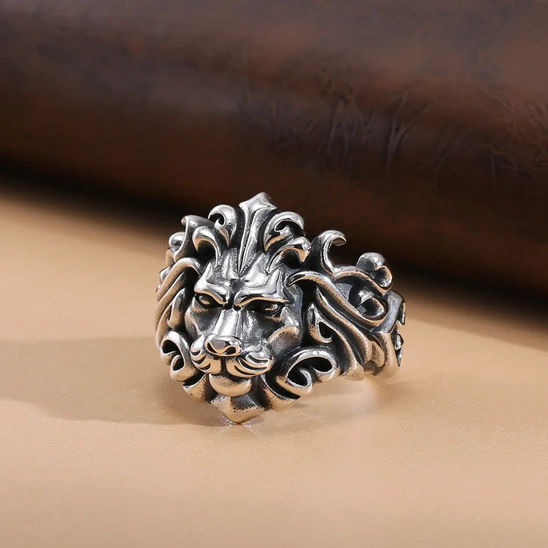 

S925 sterling silver domineering Lion Men's hip hop ring open end creative niche index finger ring national style ornament