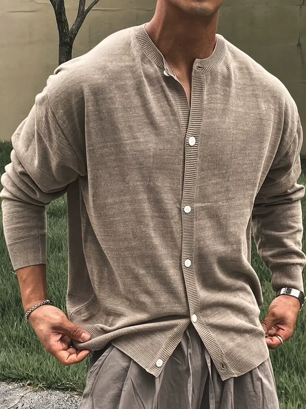 

Slim Fit Long Sve Knitted Cardigan Men's round Ne Button up American Sle Thin Wool Jaet Trendy Casual Wear