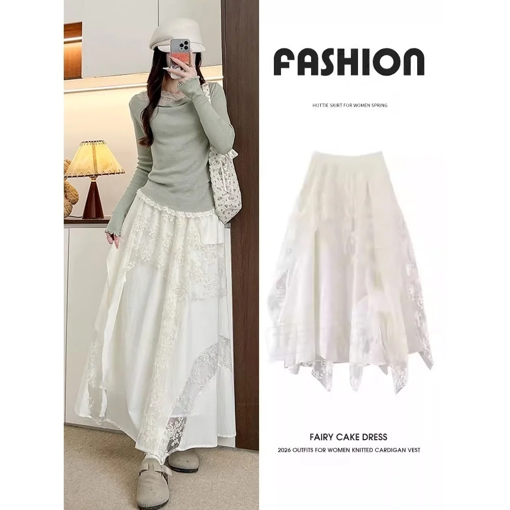 TFETTERS Women White Lace Patchwork Long Skirt Spring Summer Irregular Mesh Maxi Skirt High Waist Slim Skirts for Women
