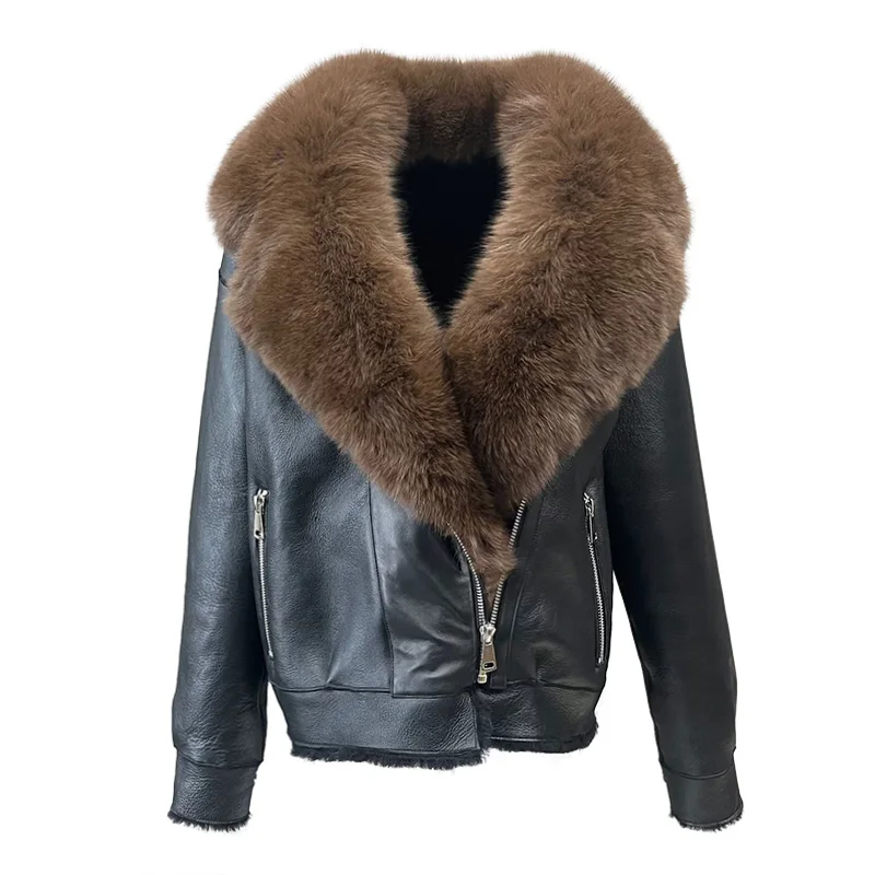 

Winter Luxury Fashion Genuine Leather Jacket 2023 Sheepskin Fox Fur Collar Lady Coats Moto NZ5574